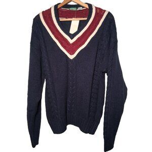 Vintage 90s Stefano Man Sweater L Blue Maroon Cable Knit V Neck Academia Preppy